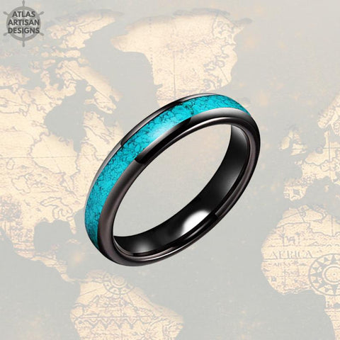 Image of Thin Turquoise Wedding Bands Womens Ring, 4mm Black Ring