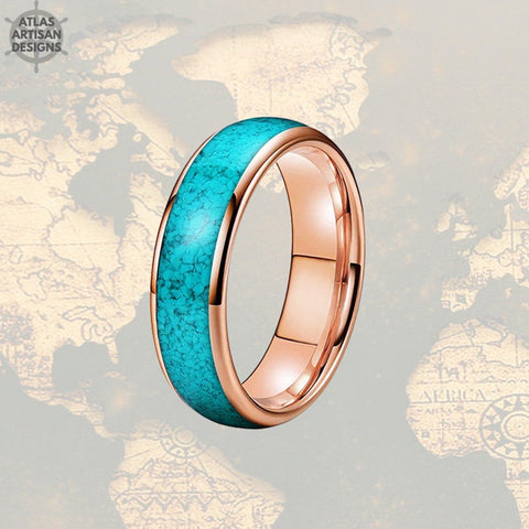 Image of 8mm Rose Gold Ring Mens Wedding Band Turquoise Ring
