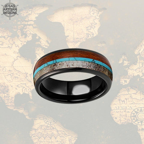 Image of Black Antler & Turquoise Ring Mens Wedding Band Wood Ring / Koa Wood Wedding Band Tungsten Ring / Deer Antler Ring Mens Ring Wooden Rings - Atlas Artisan Designs