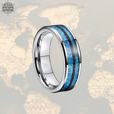 Image of 6mm Thin Blue Opal & Meteorite Ring Tungsten Wedding Bands Women Ring Meteorite Wedding Band Tungsten Ring, Mens Wedding Band Couples Rings - Atlas Artisan Designs