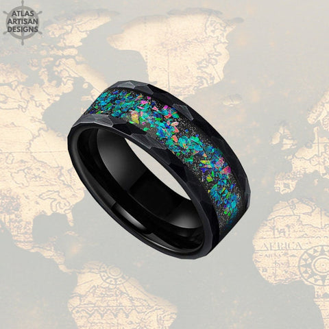 Image of 8mm Black Tungsten Ring Opal Wedding Band Hammered Ring Unique Mens Ring - Atlas Artisan Designs