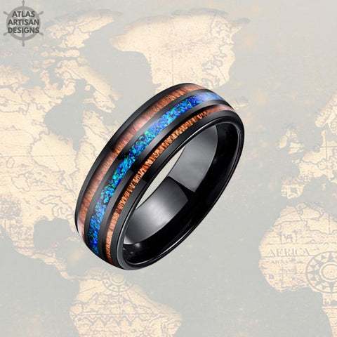 Image of Blue Opal Ring Mens Wedding Band Wood Tungsten Ring - Atlas Artisan Designs