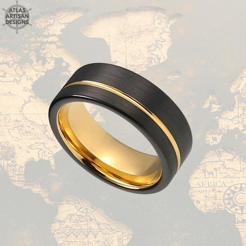 Image of Pipe Cut 18K Yellow Gold Ring Mens Wedding Band Two Tone Tungsten Ring