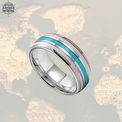Image of Mens Turquoise Ring Tungsten Wedding Band Mens Ring - Deer Antler Ring
