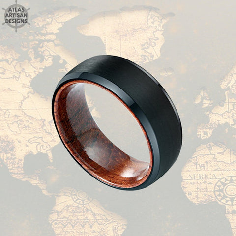 Image of Unique Mens Wedding Band Tungsten Ring, Sandal Wood Ring Nature Wedding Ring, 8mm Black Mens Ring, Wooden Ring, Wood Promise Ring for Him - Atlas Artisan Designs