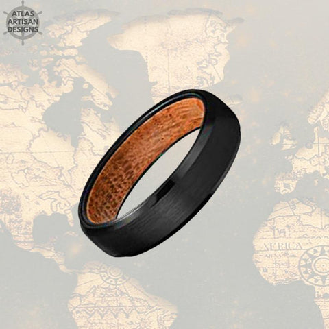 Image of Bourbon Barrel Wood Ring Mens Wedding Band Tungsten Ring, Black Whiskey Barrel Ring Wood Wedding Band Mens Ring, Thin Wood Ring Nature Ring - Atlas Artisan Designs