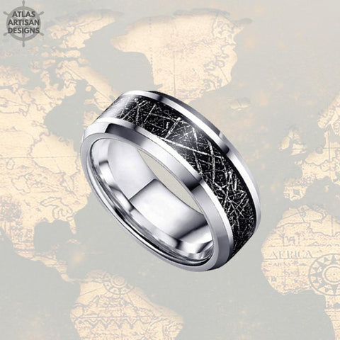 Image of 8mm Silver Meteorite Ring Mens Wedding Band Tungsten Ring - Atlas Artisan Designs