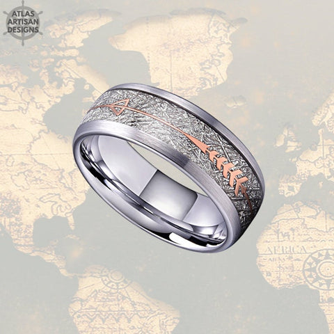 Image of Silver Meteorite Ring Mens Wedding Band Tungsten Ring, 18K Rose Gold Arrow Ring Meteorite Wedding Bands for Men - Atlas Artisan Designs