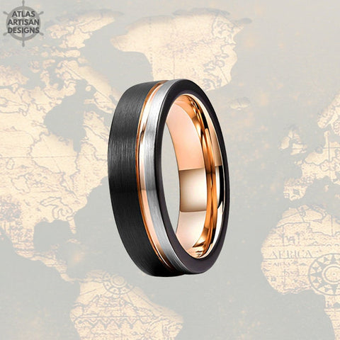 Image of Thin 18K Rose Gold Wedding Bands Womens Ring, 6mm Womens Wedding Band Tungsten Ring, Silver & Rose Gold Ring Mens Wedding Band Couples Rings - Atlas Artisan Designs