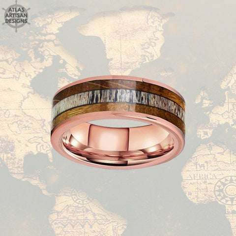 Image of Rose Gold Ring Whiskey Barrel Ring with Antler Inlay Mens Wedding Band Tungsten Deer Antler Ring - Atlas Artisan Designs