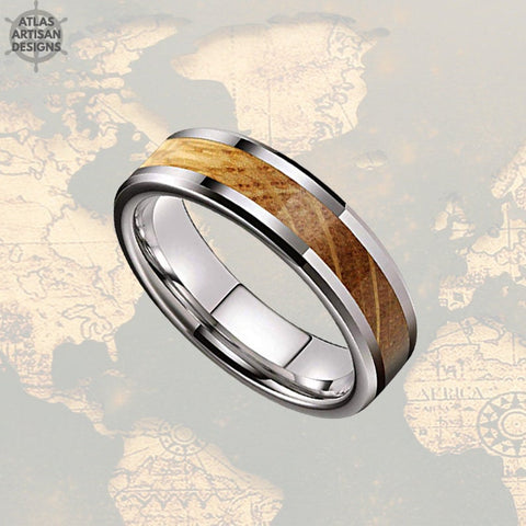 Image of 6mm Whiskey Barrel Ring Wood Wedding Band Tungsten Ring, Silver Mens Wedding Band Thin Wood Ring - Atlas Artisan Designs