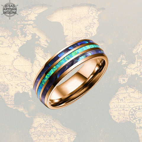 Image of Blue Opal Ring Mens Wedding Band Tungsten Ring 8mm Rose Gold Tungsten Ring