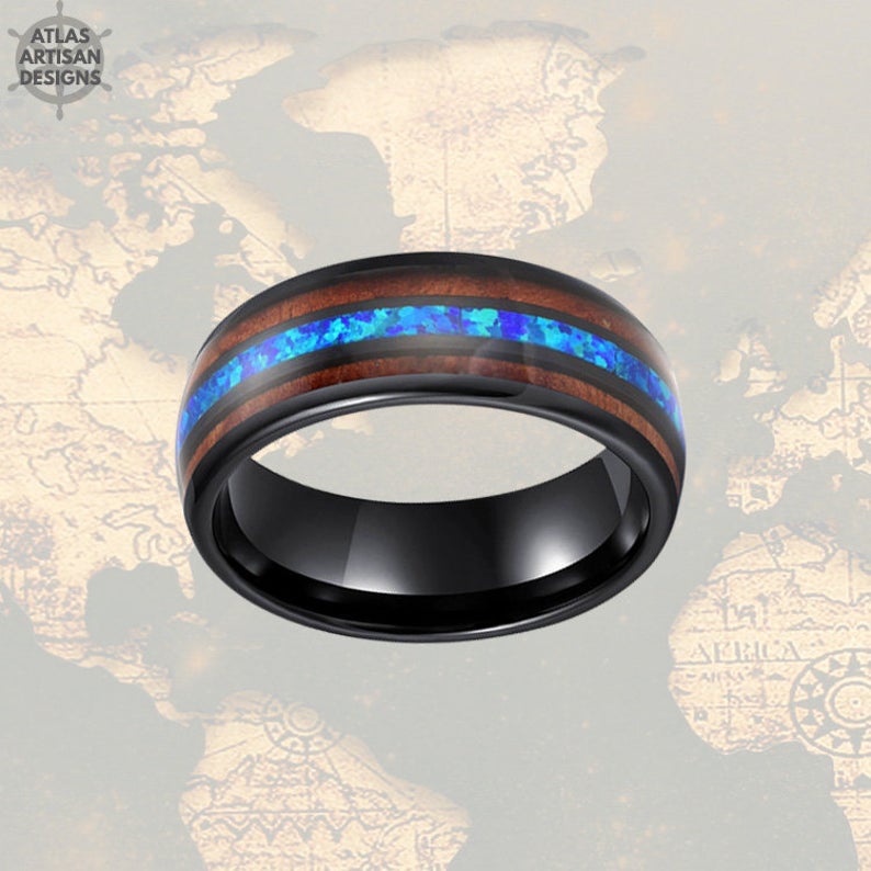 8mm Blue Opal Ring Mens Wedding Band & Koa Wood Black Tungsten Ring