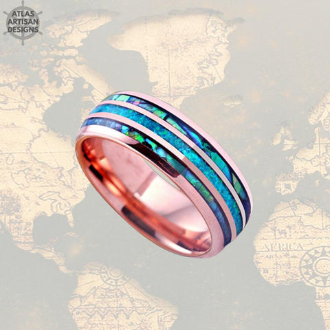 Image of Rose Gold Ring Mens Wedding Band - Abalone Tungsten Ring - Atlas Artisan Designs