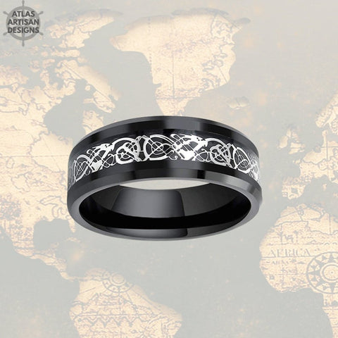 Image of 8mm Black Viking Wedding Ring Mens Wedding Band Tungsten Ring, Celtic Wedding Ring - Atlas Artisan Designs