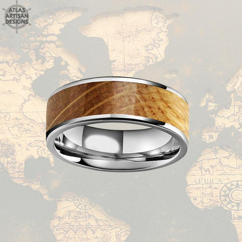 Image of Silver Whiskey Barrel Ring Mens Wedding Band Tungsten Ring with Wood Inlay Ring - Atlas Artisan Designs