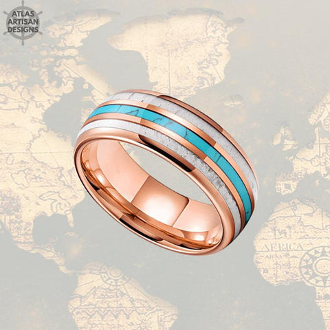 Image of 18K Rose Gold Ring Mens Wedding Band Tungsten Ring, 8mm Deer Antler Ring Rose Gold Wedding Band Turquoise Mens Ring - Atlas Artisan Designs