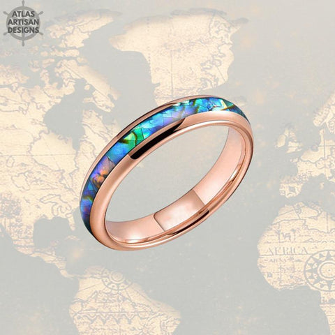 Image of 4mm Rose Gold Ring Tungsten Wedding Bands - Tropical Abalone Shell Women Ring - Atlas Artisan Designs