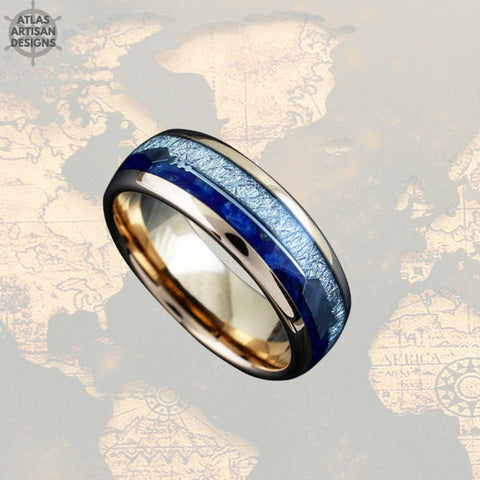 Image of Rose Gold Ring Lapis Lazuli Mens Wedding Band Tungsten Meteorite Wedding Band Arrow Ring