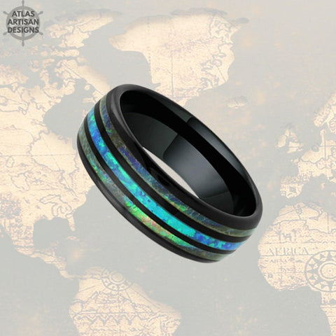 Image of Black Opal Ring Mens Wedding Band Tungsten Ring 8mm Tropical Abalone Ring Nature Wedding Band