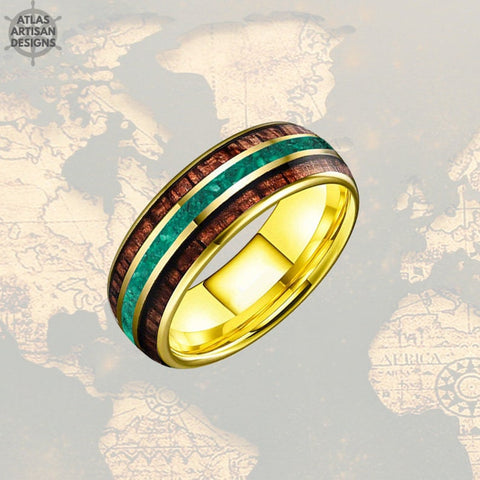 Image of Malachite Ring Mens Wedding Band Tungsten Ring - 8mm Wood Ring 14K Yellow Gold Wedding Band