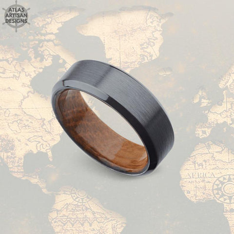 Image of Gunmetal Wood Wedding Band Mens Ring, Whiskey Barrel Ring Mens Wedding Band Wood Ring, 8mm Tungsten Ring Whisky Wood Inlay Ring Wooden Ring - Atlas Artisan Designs