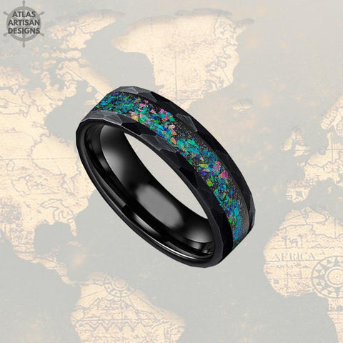 Image of 6mm Black Tungsten Ring Hammered Opal Wedding Band - Atlas Artisan Designs