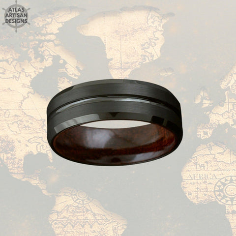 Image of Wenge Wood Ring Mens Wedding Band Tungsten Ring - Black Ring Wood Wedding Band