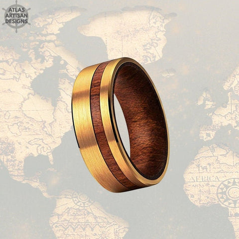 Image of 14K Gold Wedding Band Wooden Ring - Yellow Gold Ring Mens Wedding Band