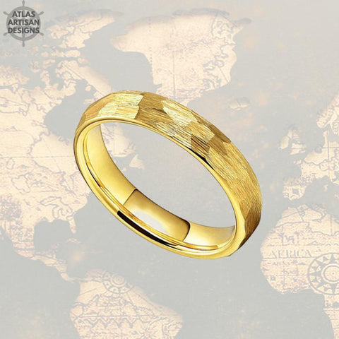 Image of 14K Yellow Gold Wedding Band Tungsten Ring - 4mm Gold Ring Hammered Wedding Band
