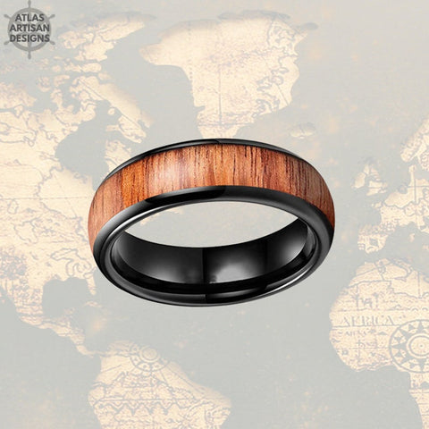 Image of 6mm Mens Wedding Band Black Tungsten Ring Wood Wedding Band Mens Ring