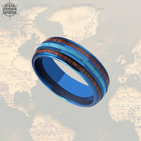 Image of Koa Wood Ring Mens Wedding Band Tungsten Ring, Turquoise Wedding Band Mens Ring, Mens Turquoise Ring Blue Tungsten Ring Nature Wedding Ring - Atlas Artisan Designs
