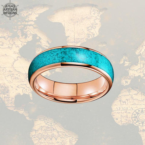 Image of Turquoise Ring Mens Wedding Band Tungsten Ring Rose Gold Wedding Band - Atlas Artisan Designs