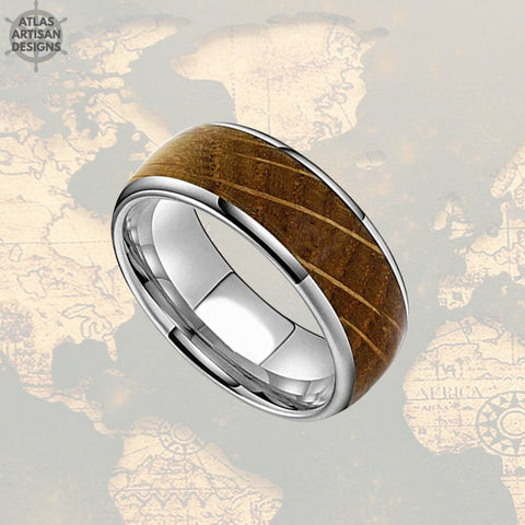 Image of Silver Whiskey Wood Ring Mens Wedding Band Tungsten Ring Whiskey Barrel Ring Polished Mens Wedding Ring Wooden Ring Bourbon Barrel Mens Ring - Atlas Artisan Designs