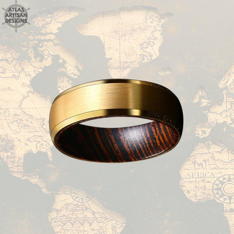 Image of 14K Gold Wedding Band Mens Ring with Beveled Edges, Wenge Wood Ring Mens Wedding Band Tungsten Ring, Unique Gold Ring - Atlas Artisan Designs