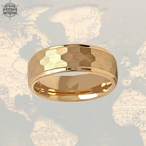 Image of Hammered Viking Ring Mens Wedding Band Tungsten Ring, 18K Gold Wedding Band Mens Ring, Unique Gold Hammered Ring - Atlas Artisan Designs