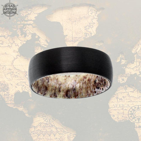 Image of Deer Antler Wedding Band Mens Ring, 8mm Black Tungsten Wedding Band Deer Antler Ring with Brushed Finish, Mens Wedding Band Nature Ring - Atlas Artisan Designs