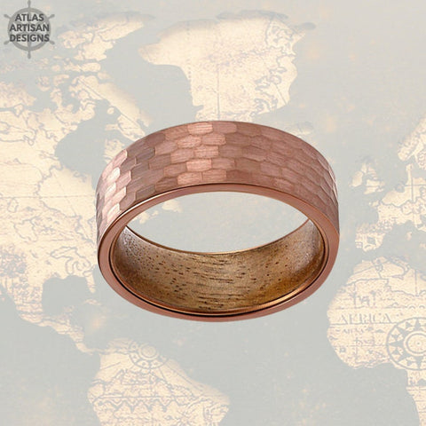 Image of Koa Wood Ring Hammered Coffee Brown Tungsten Mens Wedding Band - Atlas Artisan Designs