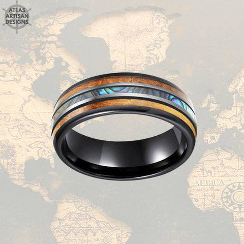 Image of Abalone Ring Tungsten Wedding Band Wood Ring