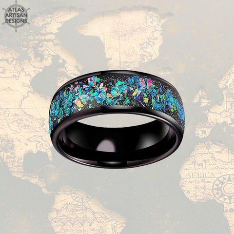 Image of Black Ring Mens Wedding Band Tungsten Ring - Fire Opal Wedding Band