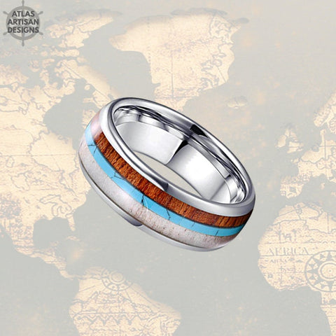 Image of 8mm Koa Wood Ring Mens Wedding Band Turquoise Ring / Deer Antler Ring Tungsten Wedding Band Mens Ring / Wooden Ring Unique Tungsten Ring - Atlas Artisan Designs