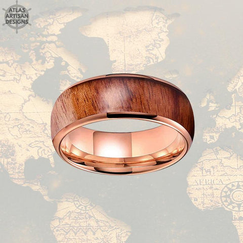 Image of 8mm 18K Rose Gold Tungsten Ring Koa Wood Wedding Band Mens Ring - Atlas Artisan Designs