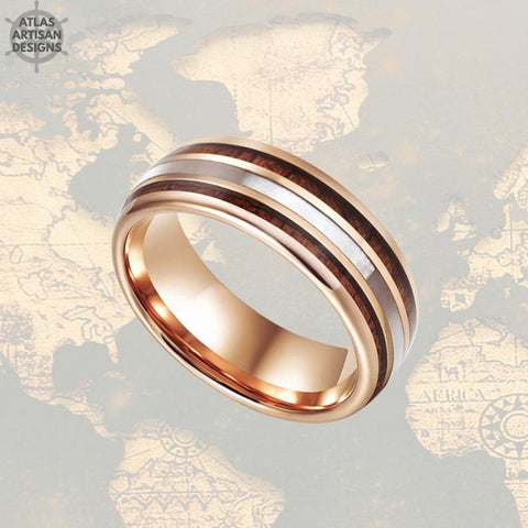 Image of 8mm Rose Gold Ring Mother of Pearl Ring, Koa Wood Mens Wedding Band