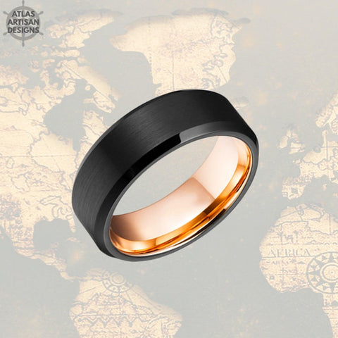 Image of 8mm Rose Gold Wedding Band Mens Ring, Black Ring Mens Wedding Band