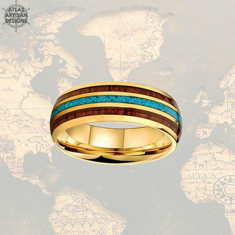 Image of Unique Turquoise Mens Ring Gold Tungsten Wedding Bands Koa Wood Ring