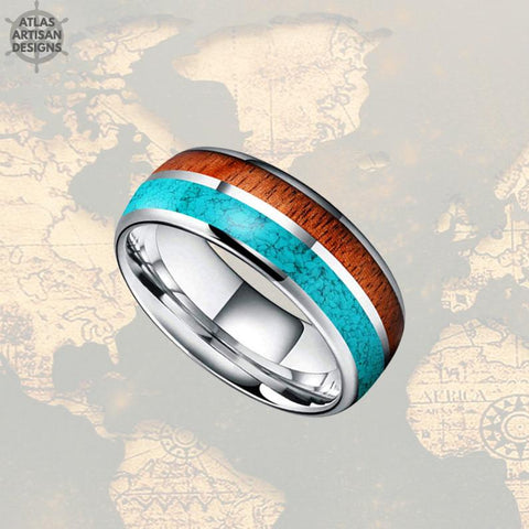 Image of Turquoise Wedding Band Tungsten Ring - 8mm Koa Wood Ring Mens Wedding Band Silver Ring