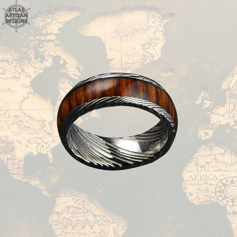 Image of Koa Wood & Damascus Ring, 8mm Damascus Steel Ring Koa Wood Ring Mens Wedding Band - Atlas Artisan Designs