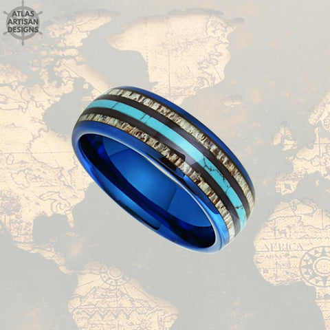 Image of Mens Turquoise Ring with Deer Antler Inlay, Blue Tungsten Mens Ring Unique Nature Ring - Atlas Artisan Designs