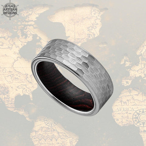 Image of 8mm Silver Tungsten Norse Ring Wood Wedding Band Hammered Ring - Atlas Artisan Designs