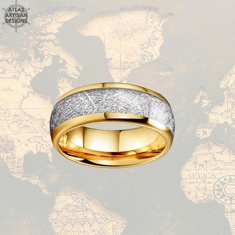 Image of 8mm Yellow Gold Mens Wedding Band Tungsten Ring - Unique Mens Meteorite Ring